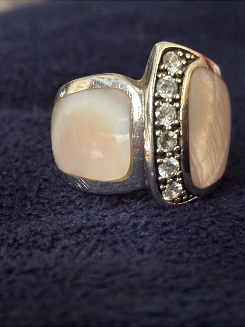 Designer CFJ 925 Sterling Silver Inlaid Mother of Pearl, CZ Wide Band Ring, Sz.8